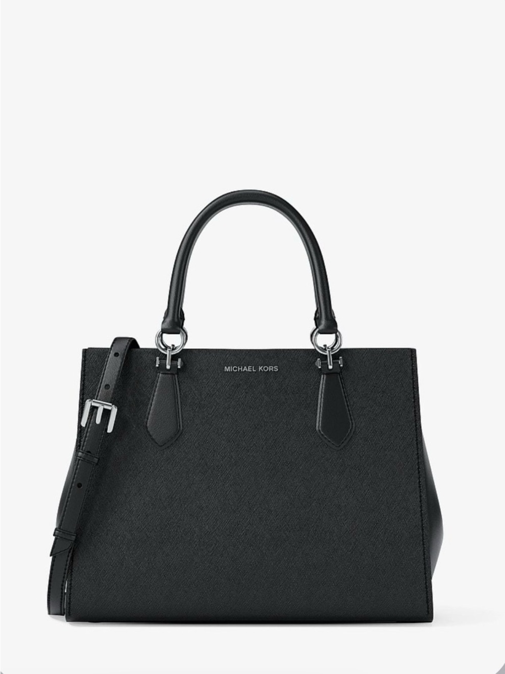 Michael Kors Marilyn Medium Saffiano Leather Black Satchel Silver Hardware NEW